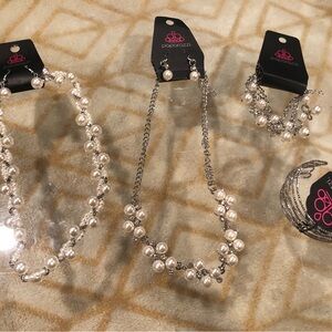 Paparazzi Silver and White Pearl Necklace Earrings and Bracelets Set